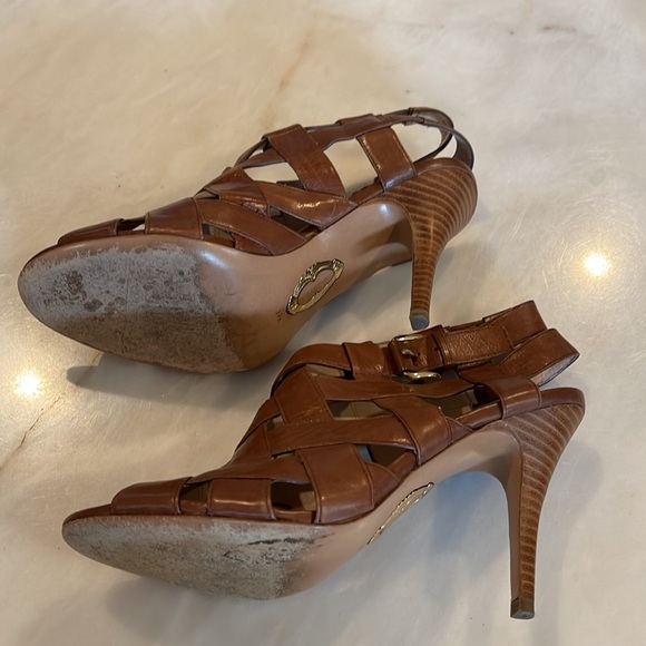 Ellie Tahari Brown Leather Peep Toe Sandals High Heels 9 1/2 - Picture 3 of 12